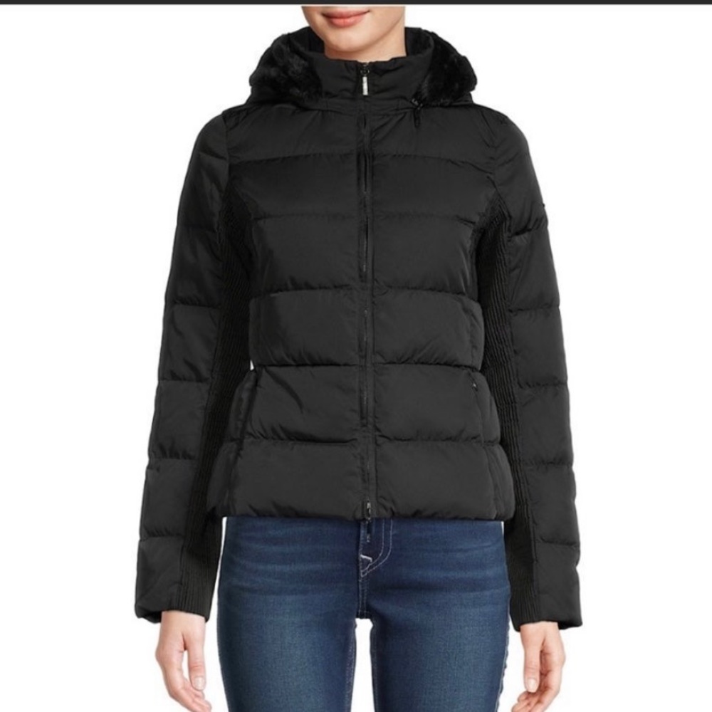 ARMANI JEANS Faux Fur-Trim Down Puffer Jacket Women’s Armani Jacket Coat